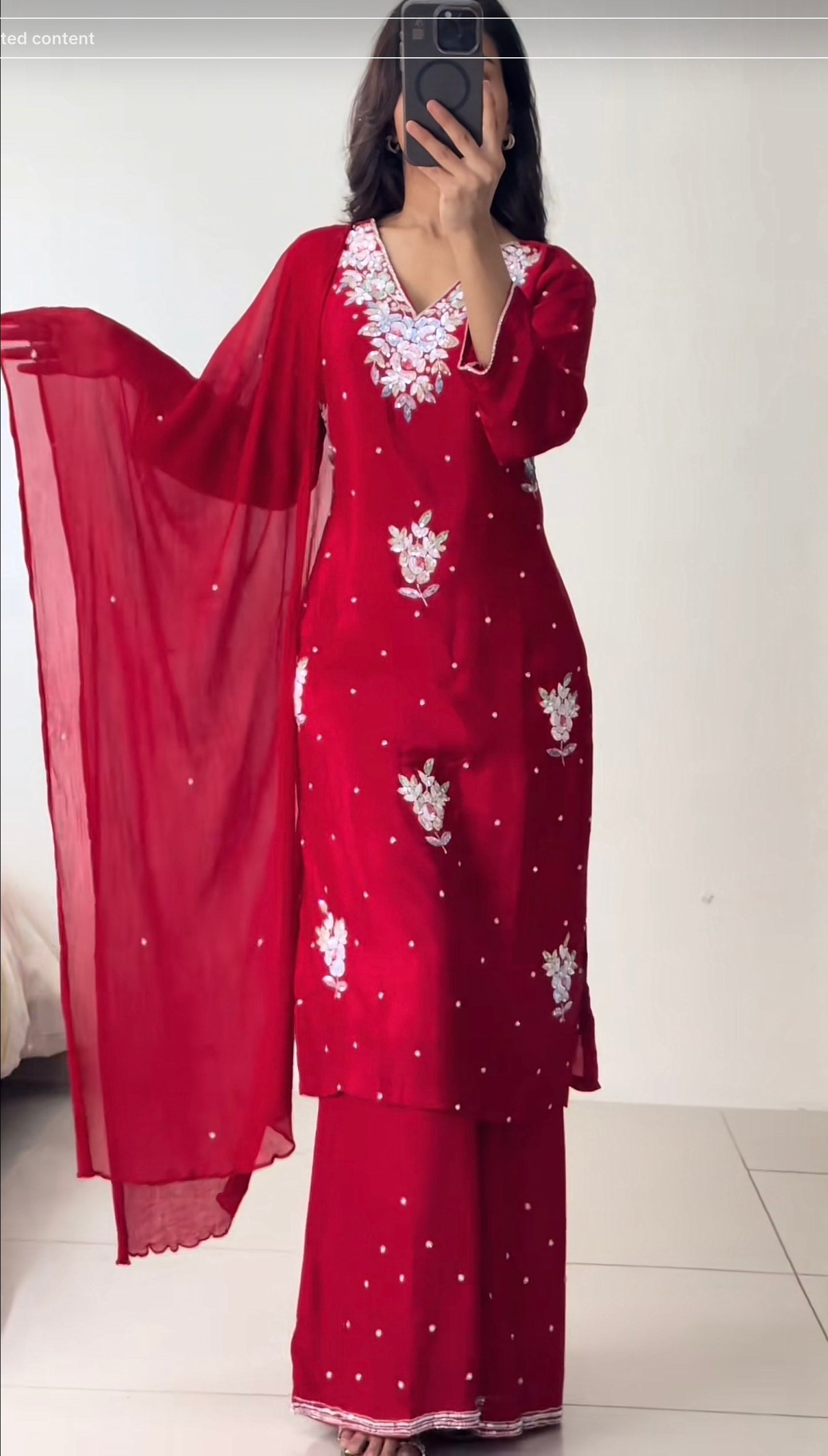 Red chinon Kurthi set