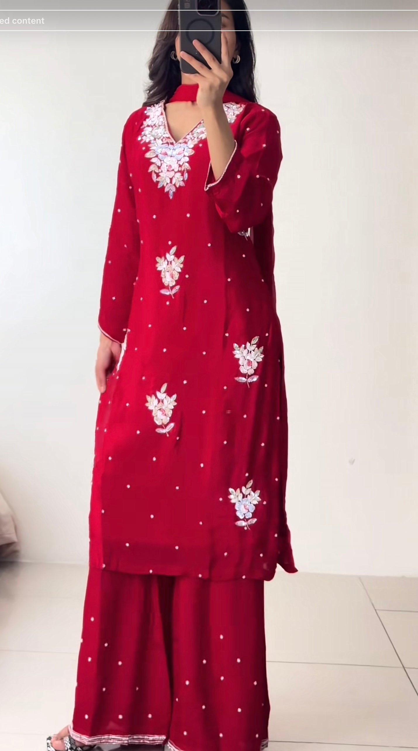 Red chinon Kurthi set