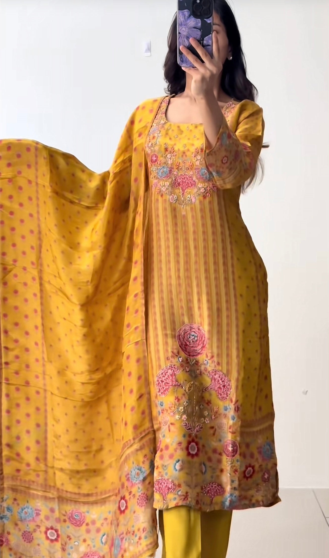 Yellow Chinon Kurthi Set