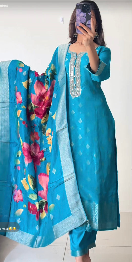 Blue Dola Silk Kurthi Set with Heavy Dupatta