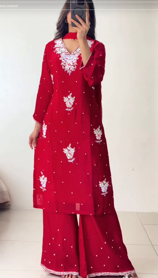 Red chinon Kurthi set