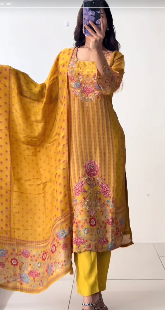 Yellow Chinon Kurthi Set