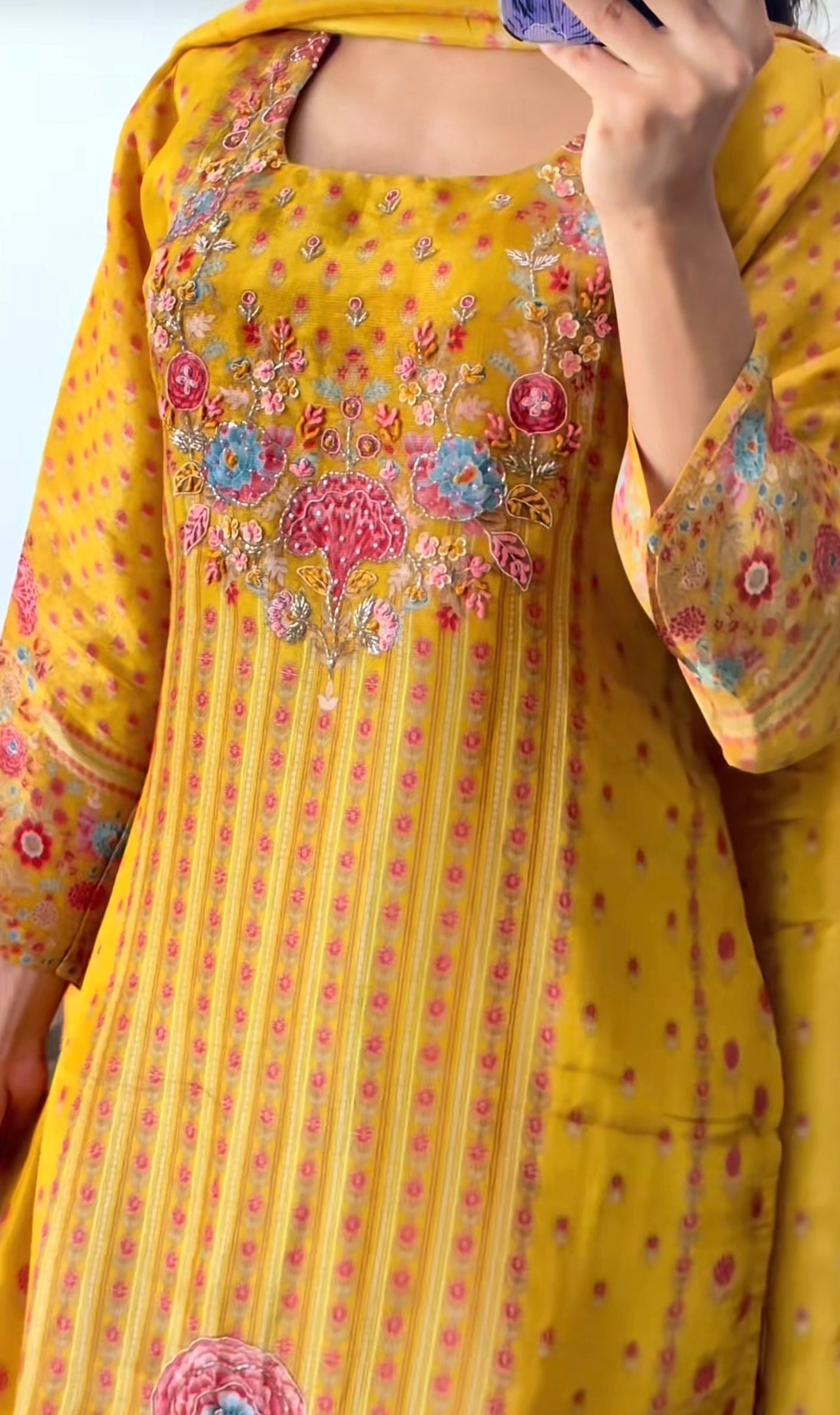 Yellow Chinon Kurthi Set
