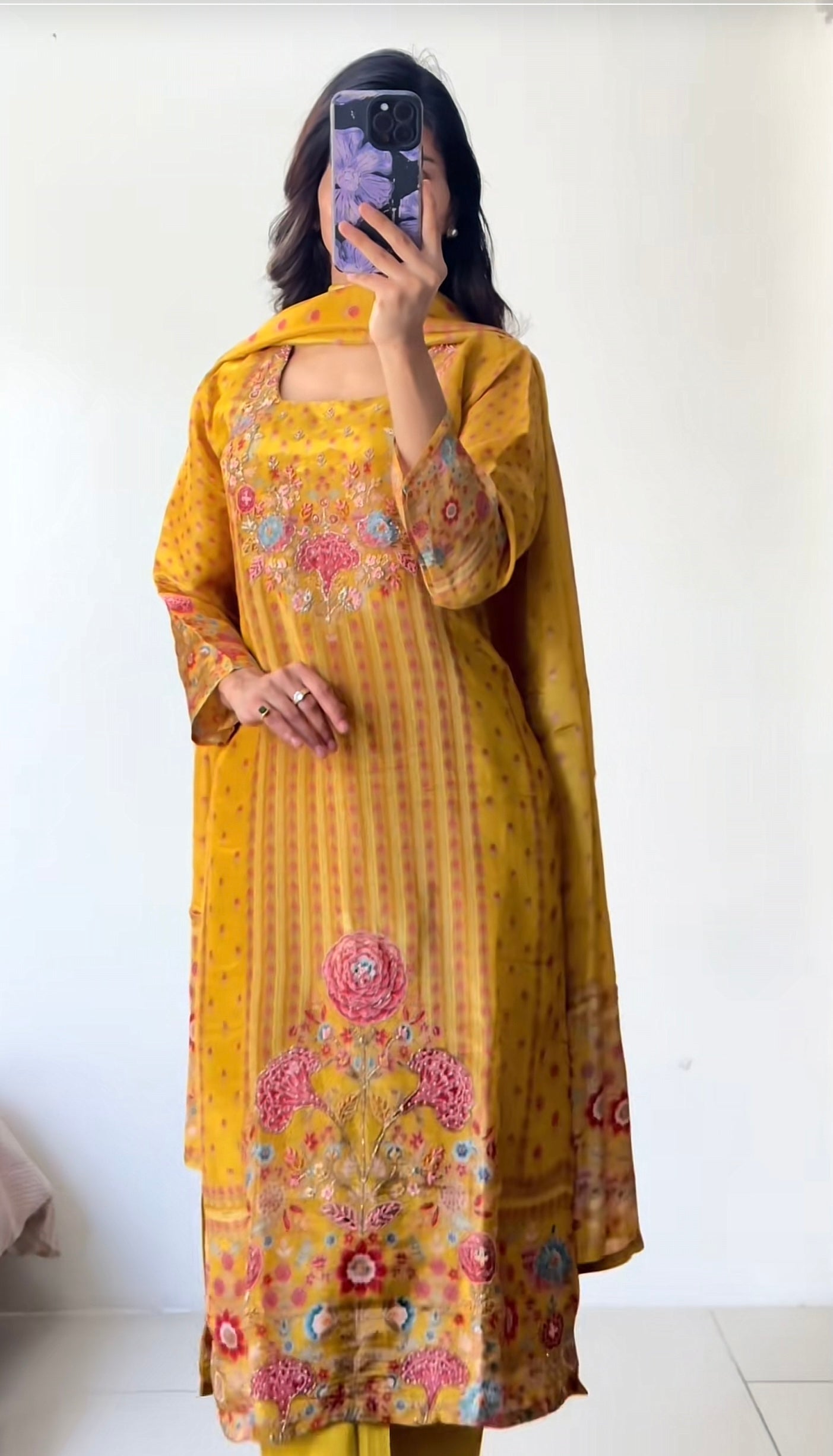 Yellow Chinon Kurthi Set